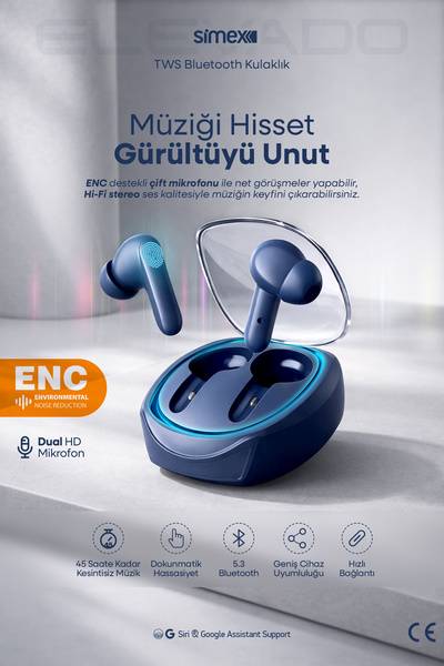 Simex iOS Android Uyumlu - 5.3 Bluetooth Kulakiçi Kulaklık -ENC Gürültü Engel...