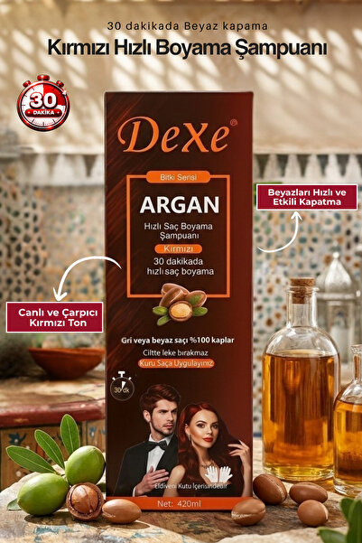 Dexe Argan Özlü Kırmızı Saç Boyama Şampuanı 420 ml – 30 Dakikada %100 Beyaz K...