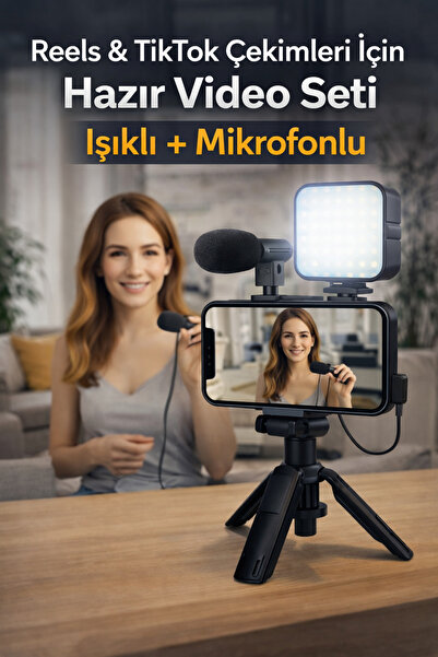 TikTok & Reels İçin Profesyonel Video Çekim Seti (Işıklı + Mikrofonlu)