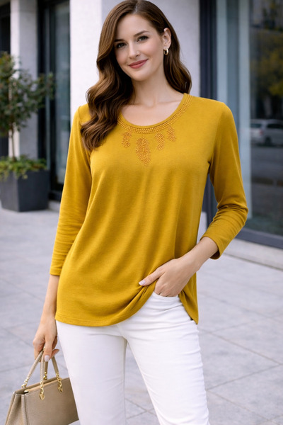 Desen Triko Crew Neck Long Sleeve Collar Embroidery Detail Women's Combed Cot...