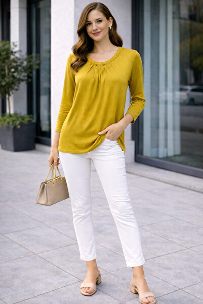 Desen Triko Дамска блуза с кръгло деколте, дълъг ръкав, с плисирани детайли, ...