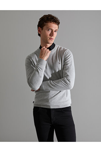 Pierre Cardin Light Gray Melange Slim Fit Crew Neck Basic Knitwear Sweater 50...