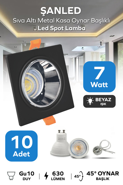 ŞANLED 7w Sıva Altı Oynar Başlık Gu10 Kare Siyah Kasa Beyaz Işık Led Spot Lam...