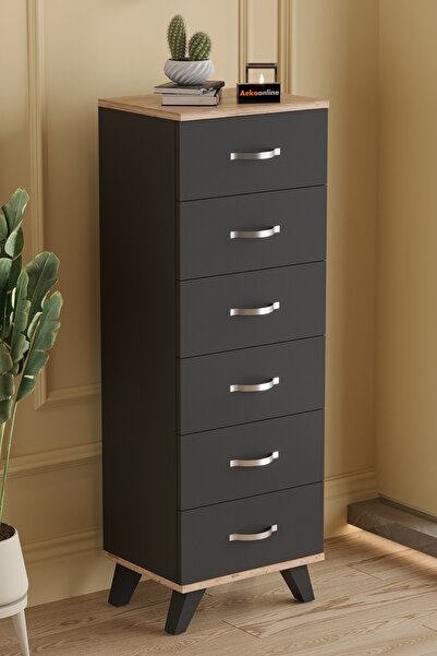 AEKA Ae-3038 Belinda 6 Çekmeceli Şifonyer Antrasit Gri Komodin