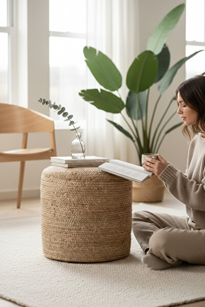 Akayev Nature Jüt Hasır Yuvarlak Puf 40x40 Cm