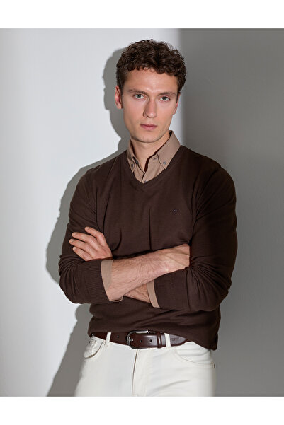 Pierre Cardin Brown Slim Fit V-Neck Basic Knitwear Sweater 50314190-Vr029