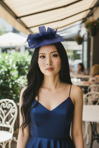Miss Hat Pălărie Elegantă din Sinamay Albastru Royal cu Pene și Voaletă Neagră