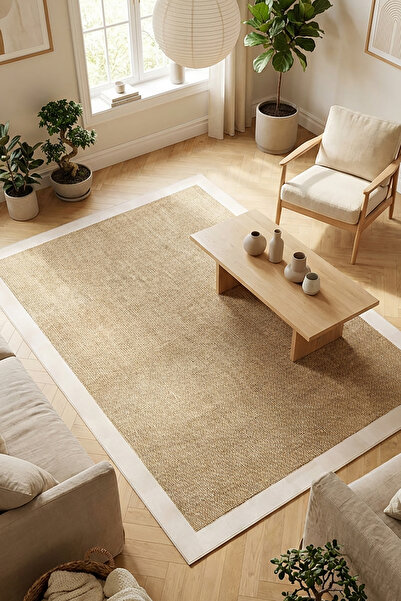 Decomia Home Dijital Kaymaz Yıkanabilir Jüt Görünümlü Beyaz Çerçeveli Salon H...