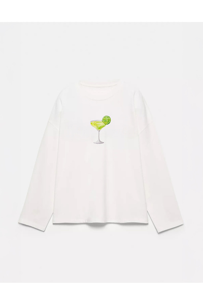 Disante 100% قطن مقاس كبير بطباعة كوكتيل ليموني - تي شيرت بأكمام طويلة وياقة ...
