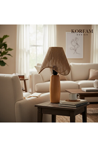 KorFam Wavy Abajur - Kahverengi Hasır El Yapımı Bohem Asimetrik Şekilli Ahşap...