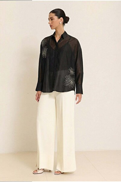 Setre Siyah Transparan Taş Ve İç Atlet Detaylı Uzun Kollu Gömlek