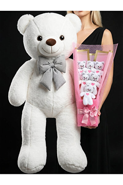 lenostra Hediye Seti 90cm Beyaz Ayıcık Ve 6lı Ayıcık Buketi - Dogumgunu Hediy...