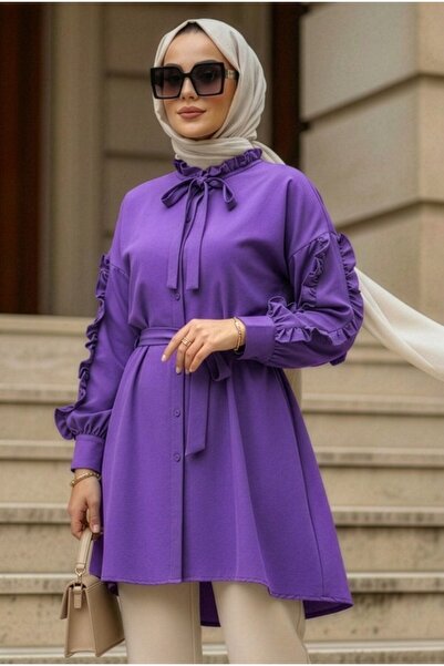 N.S NEVA STYLE Düğmeli Mor Tesettür Tunik 20295MOR