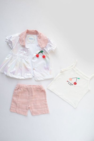 Mika Bebek & Çocuk Cherry Figured White Jacket Powder Shorts 3 Piece Set