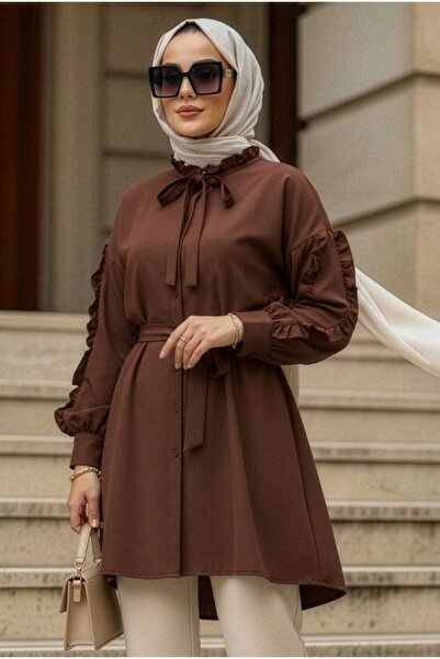 N.S NEVA STYLE Düğmeli Kahverengi Tesettür Tunik 20295KH