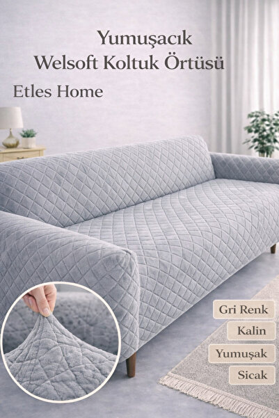 etleshome Yumuşacık Welsoft Gri Lastikli 3 Kişilik Koltuk Örtüsü | Kaymaz, Es...