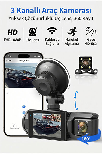 Noriyen 3 Lensli Full HD Wi-Fi Araç İçi Kamera - Ön, İç ve Arka Kamera Kayıtl...
