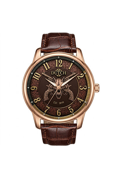 DUTCH STORE ساعة الذئب ساعة رجالية كلاسيكية – جلد بني فاخر وإطار نحاسي