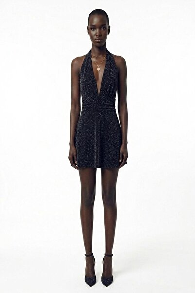 RNYA Studio Kadın Siyah Simli Halter Yaka Sırt Dekolteli Mini Abiye Elbise