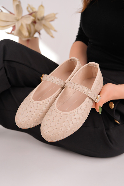 RoseVeno Pantofi de damă crem cu model Skin Daily balerini cu cataramă Ajusta...