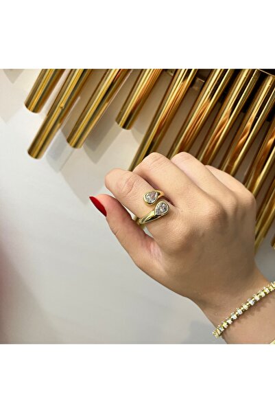 Kadın Gold Çift Damla Taşlı Tasarım Yüzük