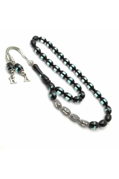 Midyat Gümüş Dünyası Isimli Sürmeli Toz Kehribar Tesbih Özel Yazılı Kutulu