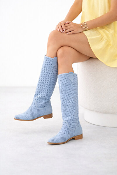 POTEEN Ptc Marylan Cizme de vară cu toc scurt pentru femei piele întoarsă dec...