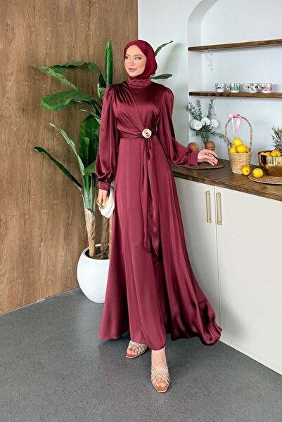 Şulemoda Giyim Yandan Buckled Satin Dress Burgundy