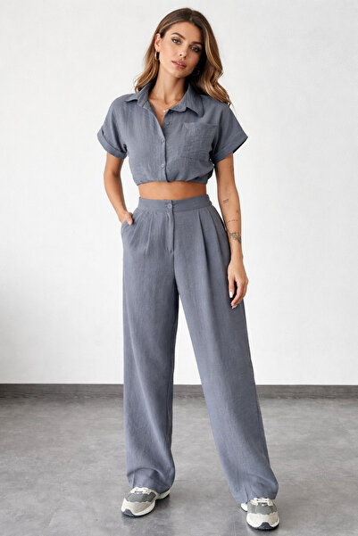 İLKCET MODA طقم قميص كتان قصير وبنطلون بالازون
