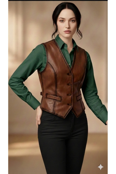 Savran Deri Classic Cut Tan Genuine Leather Vest