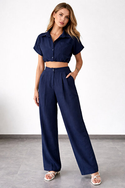 İLKCET MODA Льняна сорочка-кроп Комплект штанів Палаццо