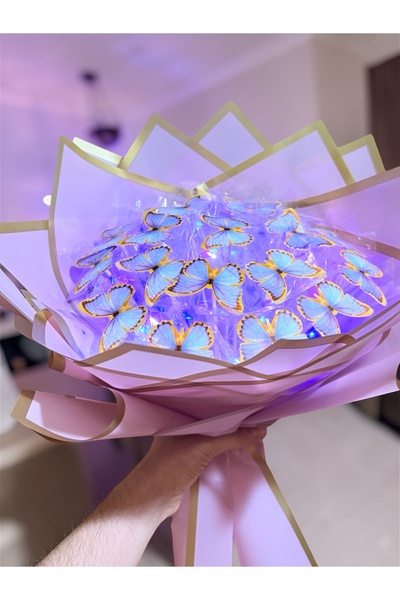exzone Led Işıklı Lila Kelebek Buketi Lila Ambalajlı, Dekoratif Konsept Hediye Anneye, Sevgiliye,arkadaşa
