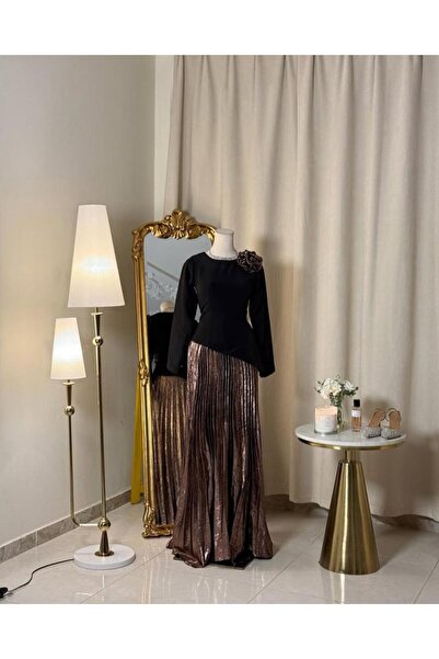 vanus fashion 5595 -فستان أسود بتصميم راقٍ ومزيج معدني