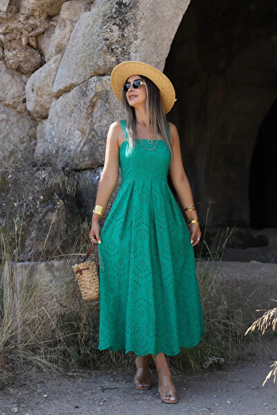 bytugcekaya Koyu Yeşil Askılı Pileli Fisto Midi Elbise