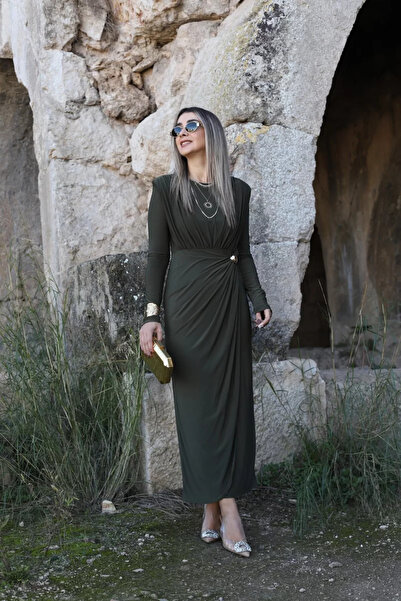 bytugcekaya Haki Sandy Kumaş Drapeli Tokalı Elbise