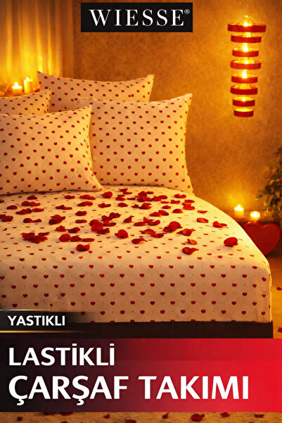 WİESSE LASTİKLİ ÇARŞAF TAKIMI - YASTIKLI - KALPLİ DESEN - RANFORCE PAMUK
