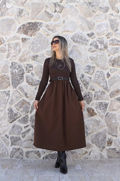 bytugcekaya Rochie maro cu guler rotund, set de curea piese cu cloș fuste