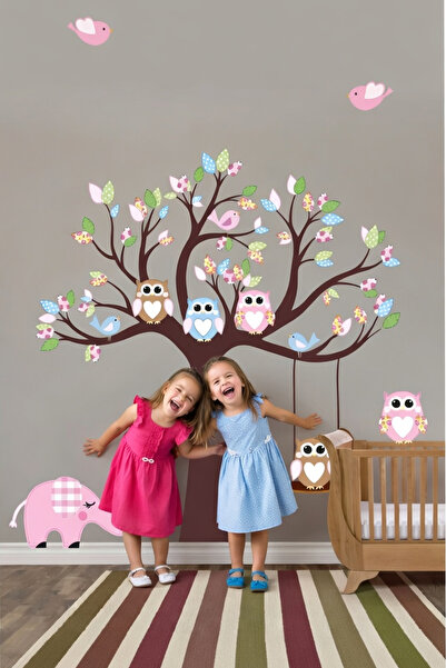 KT Decor Elephant-owls-birds-brown Tree And Colorful Leaves Xxl Kids Room Wal...