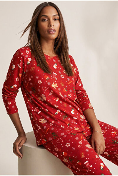 Siyah İnci Red Soft Textured Suede Knitted Pajamas Set 7983