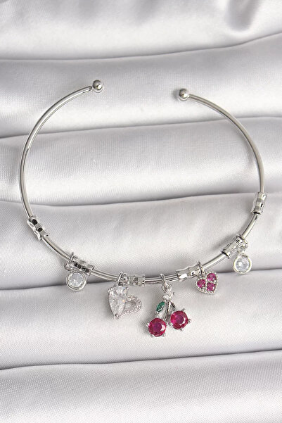 Skygo Brass Silver Color Dangle Cherry Figure Heart Detail Charm Women's Brac...