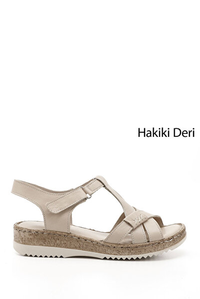 GÖNDERİ(R) Dámské béžové sandály z pravé kůže na klínovém podpatku se suchým ...