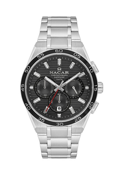 Nacar ساعة يد رجالية رياضية من الزجاج الياقوتي باللون الفضي والأسود NC08-2942...