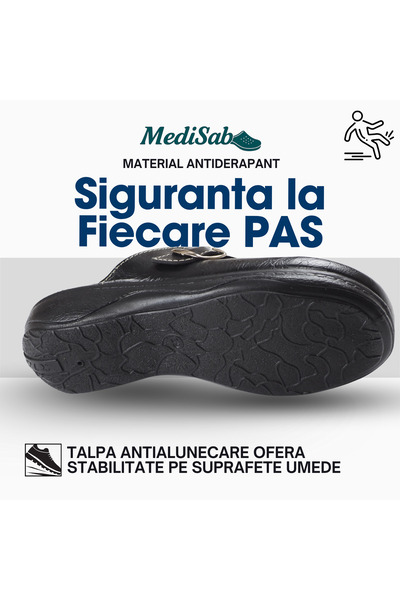 MediSab - Saboți medicali anatomici ultra-ușori, din piele ecologică, negri cu cataramă -609 36