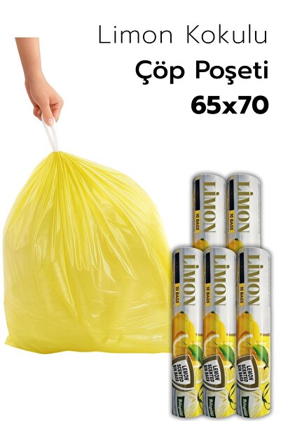 ARVALE 5 PAKET Büyük Boy 65X70 Limon Kokulu Büzgülü Çöp Poşeti (50 Adet) Çöp ...