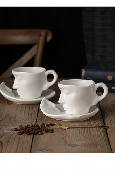 ARVALE Nordic Face Shaped Cup Set 4 Pieces for 2 Persons 110 ml White - Mug C...