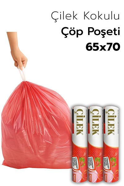 ARVALE 3 PAKET Büyük Boy 65X70 Çilek Kokulu Büzgülü Çöp Poşeti (30 Adet) Çöp ...