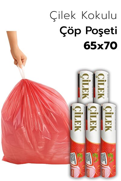 ARVALE 5 PAKET Büyük Boy 65X70 Çilek Kokulu Büzgülü Çöp Poşeti (50 Adet) Çöp ...