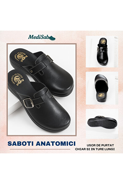 MediSab - Saboți medicali anatomici ultra-ușori, din piele ecologică, negri c...