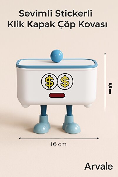 ARVALE Sevimli Klik Kapak Stickerlı Çöp Kovası | 1,8 Litre