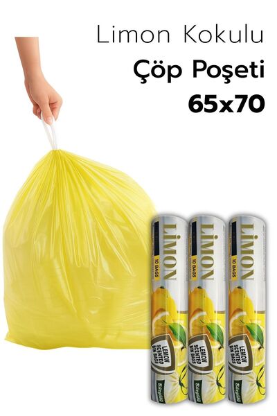 ARVALE 3 PAKET Büyük Boy 65X70 Limon Kokulu Büzgülü Çöp Poşeti (30 Adet) Çöp ...